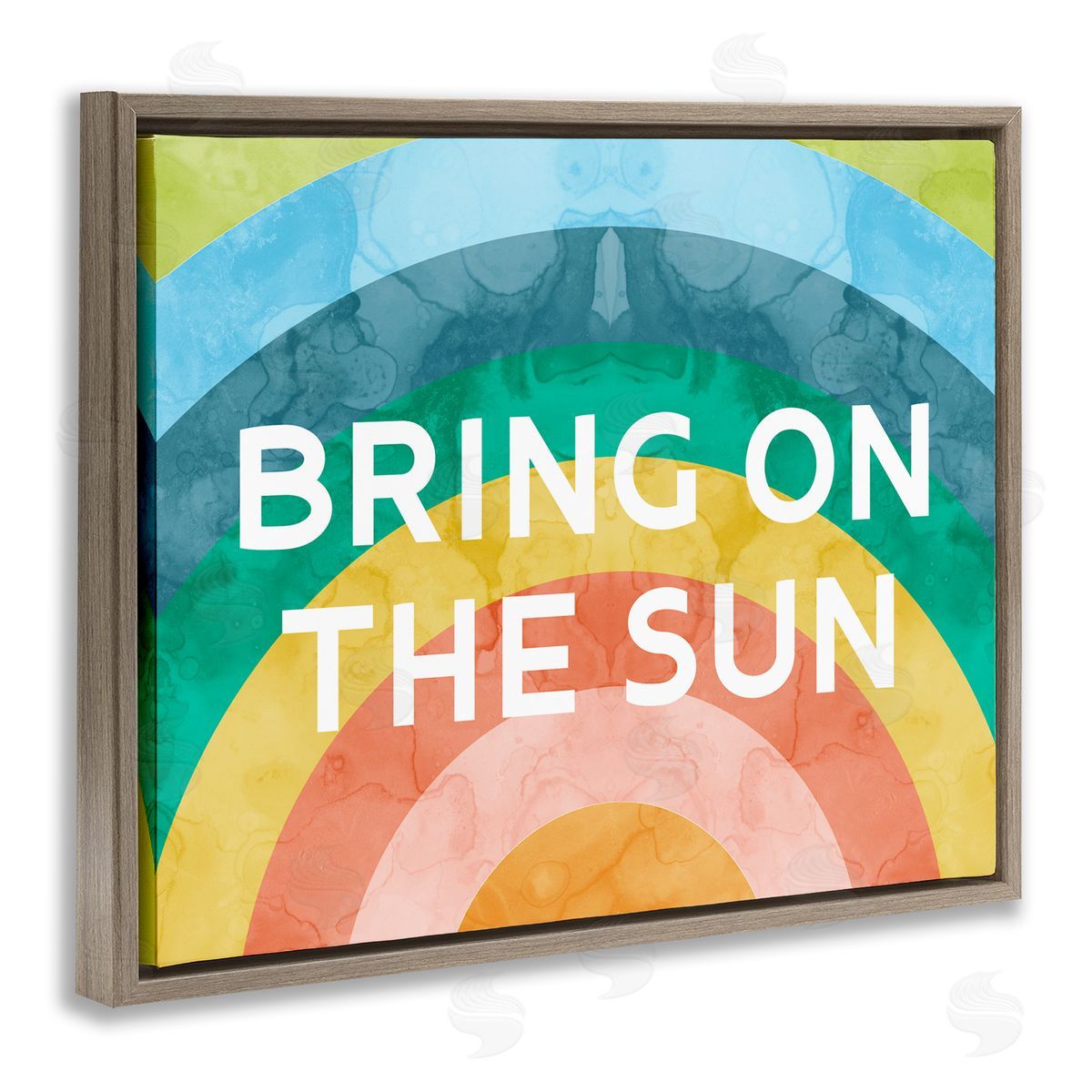 Stupell Studio Bring On The Sun Typography Rainbow Watercolor Detail Brown Floating Frame Canvas Wall Art Print