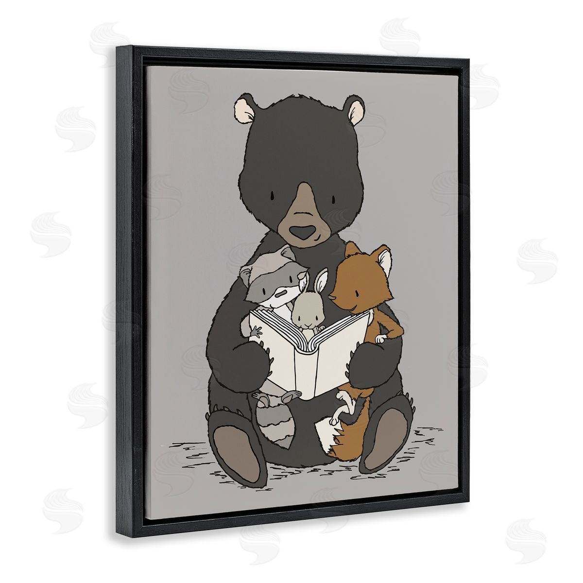 Sweet Melodys Woodland Animals Family Bear Reading Book to Babies Black Floating Frame Canvas Wall Art Print