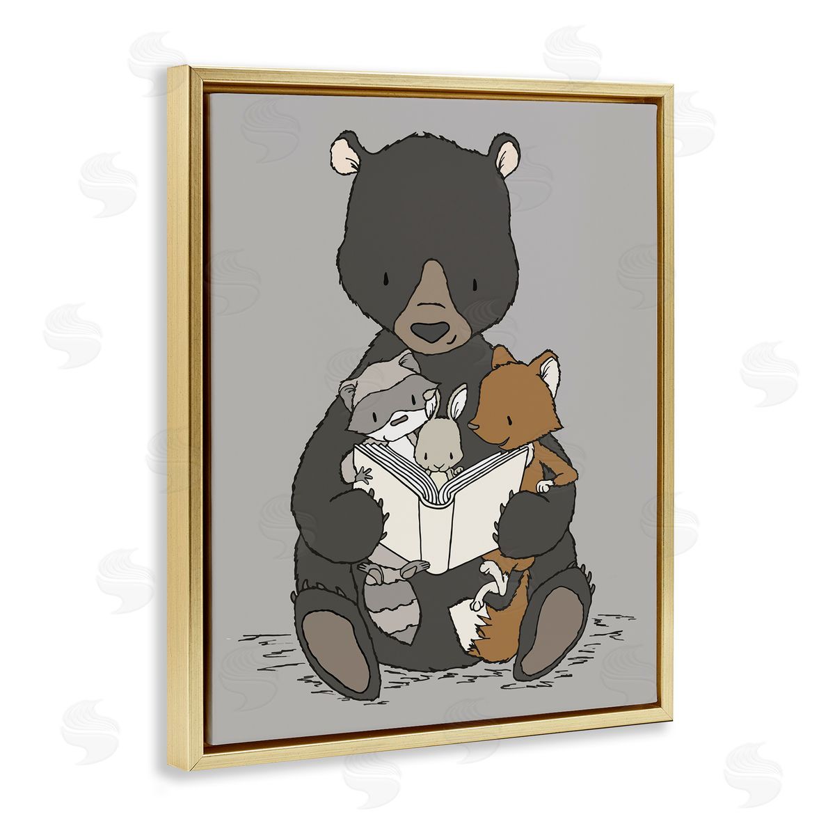 Sweet Melodys Woodland Animals Family Bear Reading Book to Babies Gold Floating Frame Canvas Wall Art Print