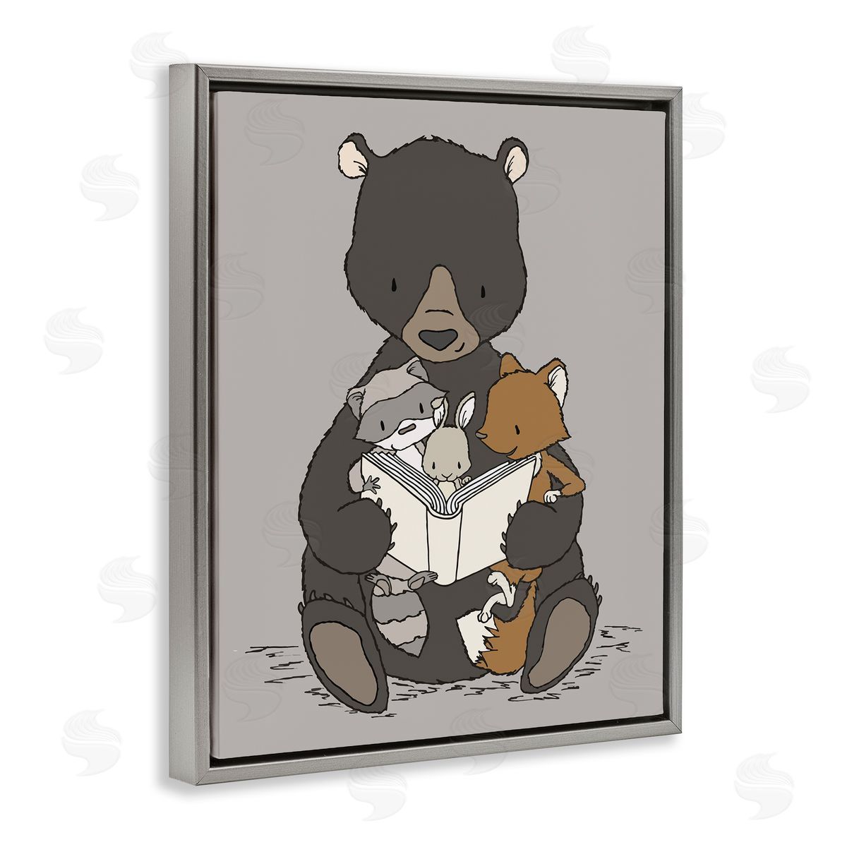 Sweet Melodys Woodland Animals Family Bear Reading Book to Babies Gray Floating Frame Canvas Wall Art Print
