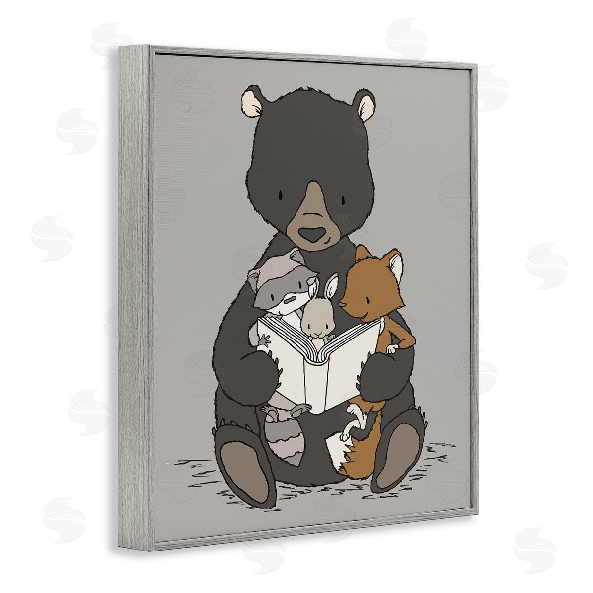 Sweet Melodys Woodland Animals Family Bear Reading Book to Babies Gray Framed Giclee Wall Art Print