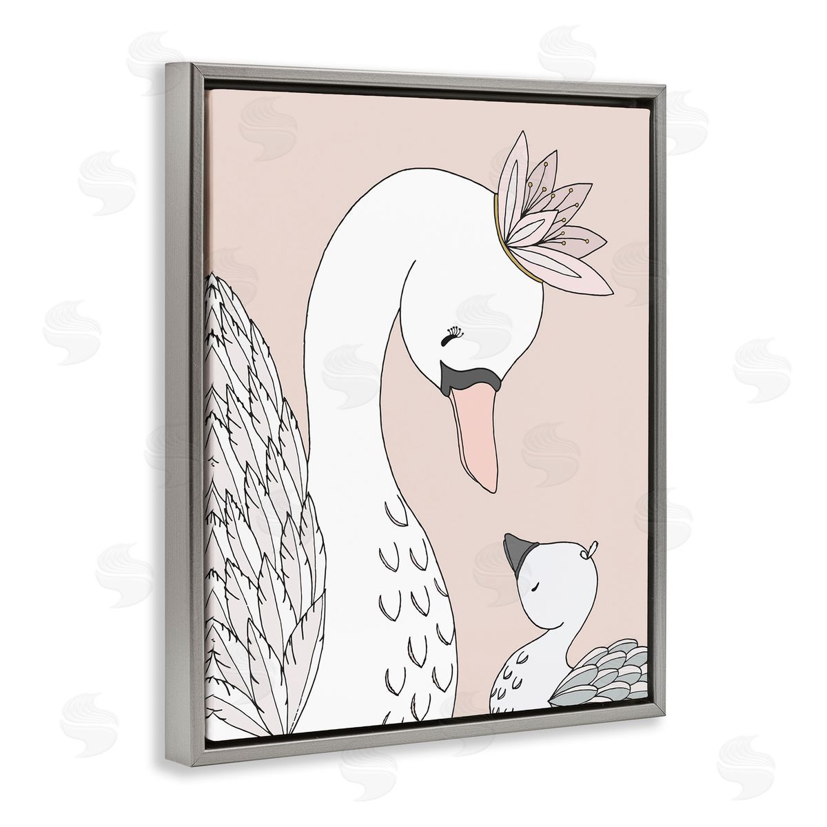 Sweet Melodys Mother & Baby Swan Flower Crowns Princess Animals Gray Floating Frame Canvas Wall Art Print