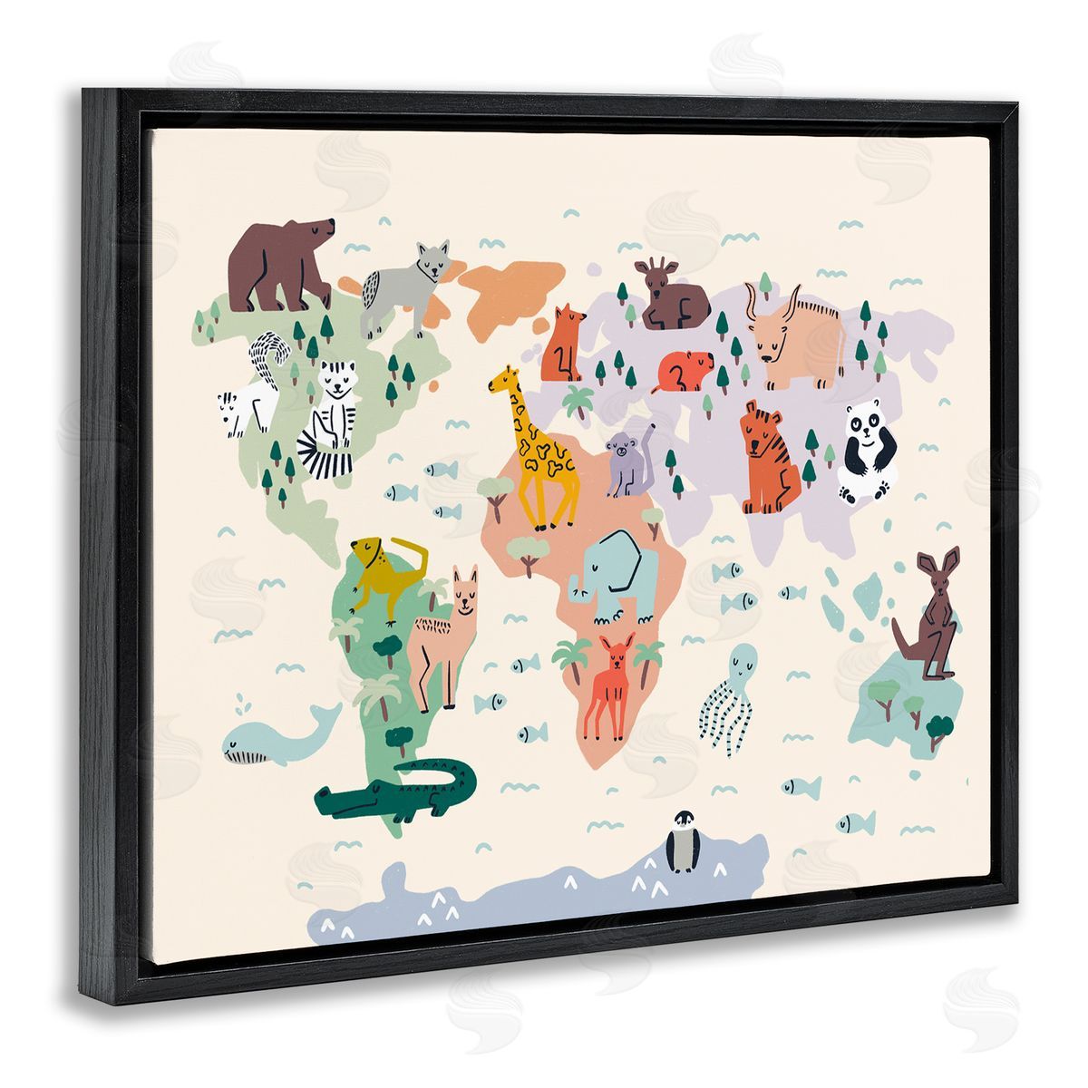 Dominika Godette Educational World Map Native Animals Wildlife Chart Black Floating Frame Canvas Wall Art Print