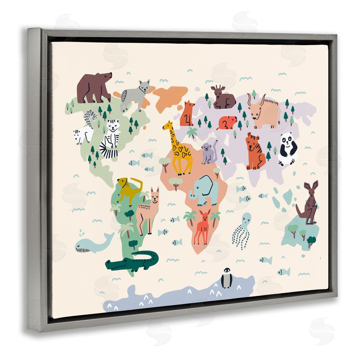 Dominika Godette Educational World Map Native Animals Wildlife Chart Gray Floating Frame Canvas Wall Art Print