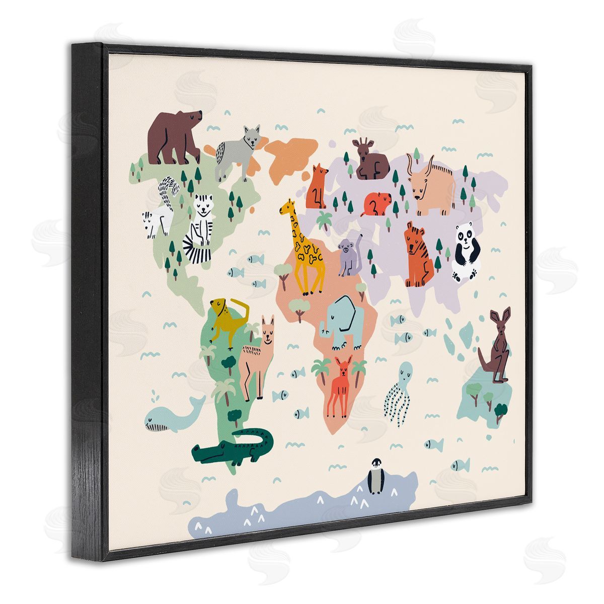Dominika Godette Educational World Map Native Animals Wildlife Chart Black Framed Giclee Wall Art Print
