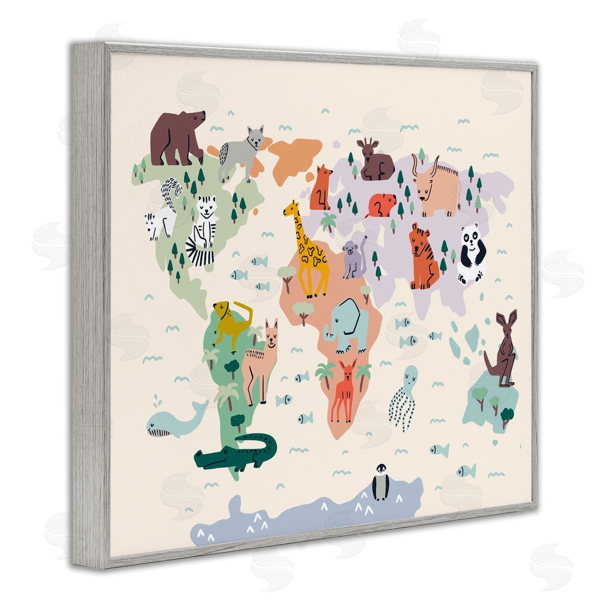 Dominika Godette Educational World Map Native Animals Wildlife Chart Gray Framed Giclee Wall Art Print