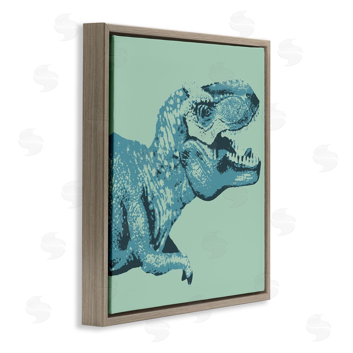 Stupell Studio Roaring T-Rex Dinosaur Vintage Stamp Style Design Brown Floating Frame Canvas Wall Art Print