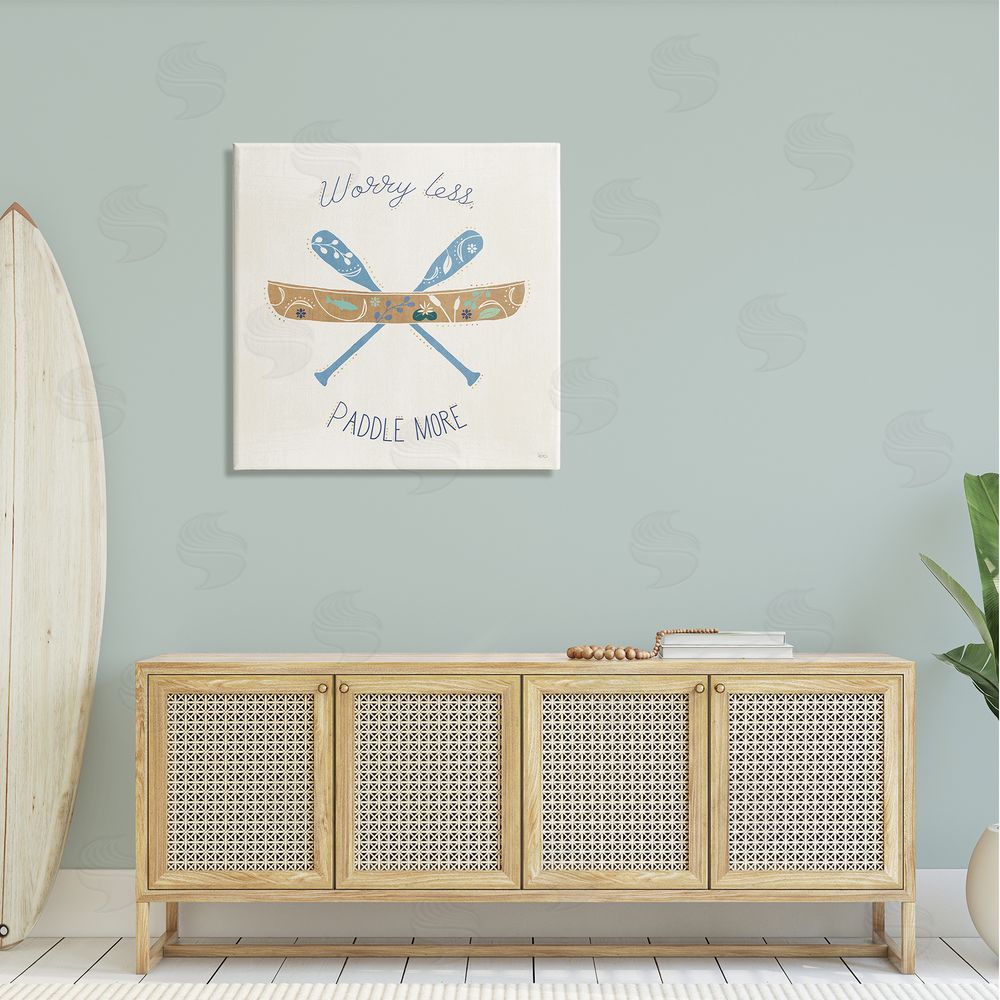 Veronique Charron Worry Less Paddle More Canoe Boat Typography Canvas Wall Art in Room
