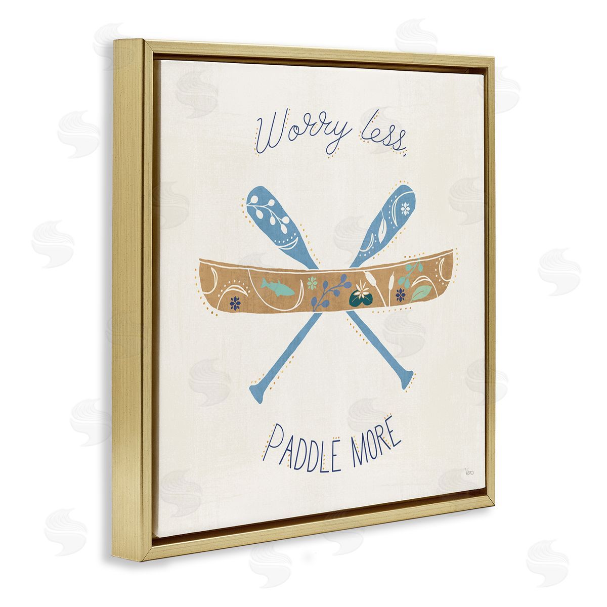 Veronique Charron Worry Less Paddle More Canoe Boat Typography Gold Floating Frame Canvas Wall Art Print