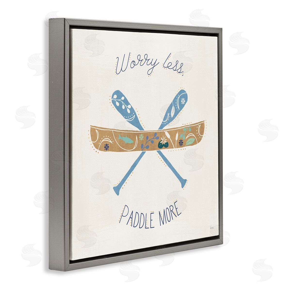 Veronique Charron Worry Less Paddle More Canoe Boat Typography Gray Floating Frame Canvas Wall Art Print