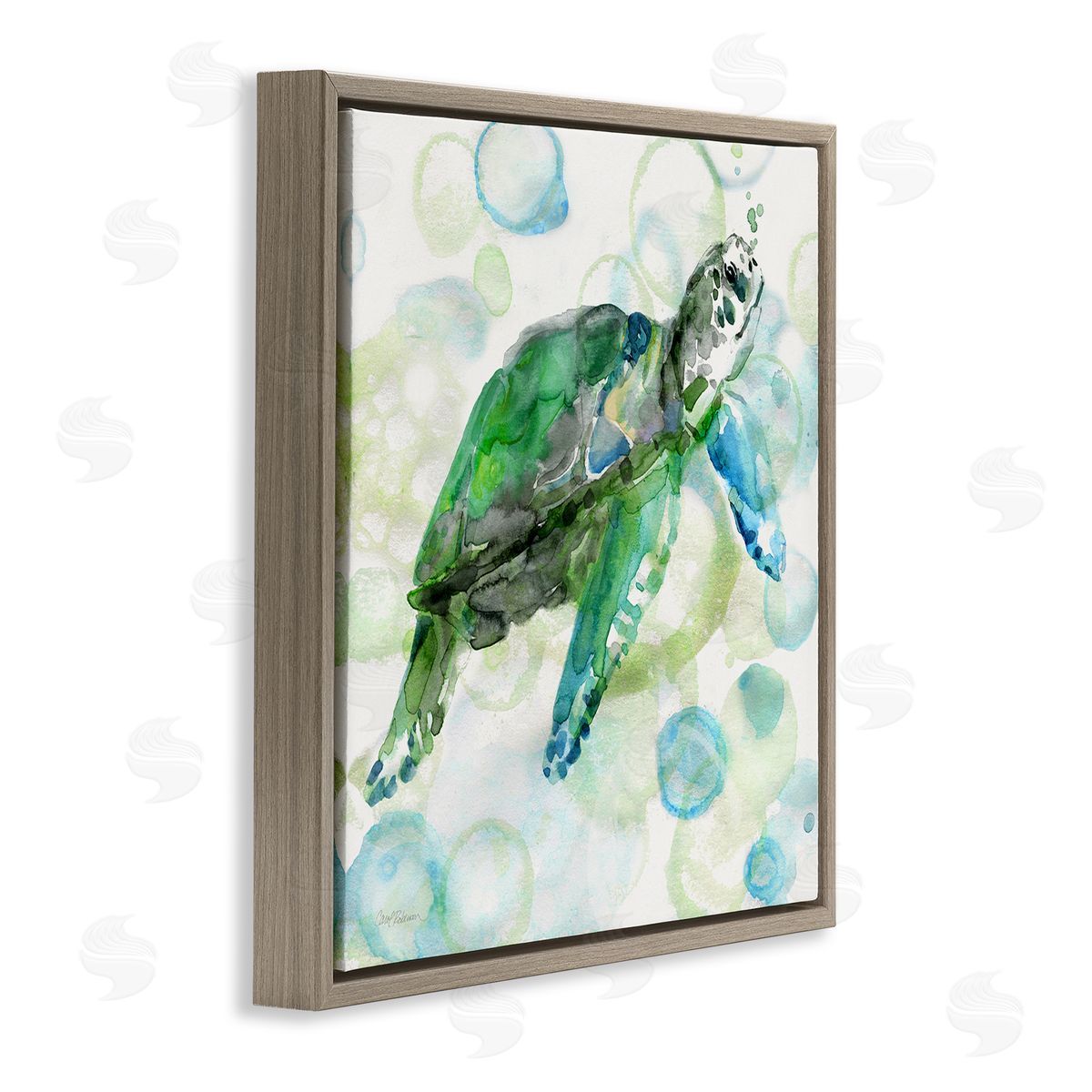 Carol Robinson Aquatic Sea Turtle Water Bubbles Watercolor Detail Brown Floating Frame Canvas Wall Art Print
