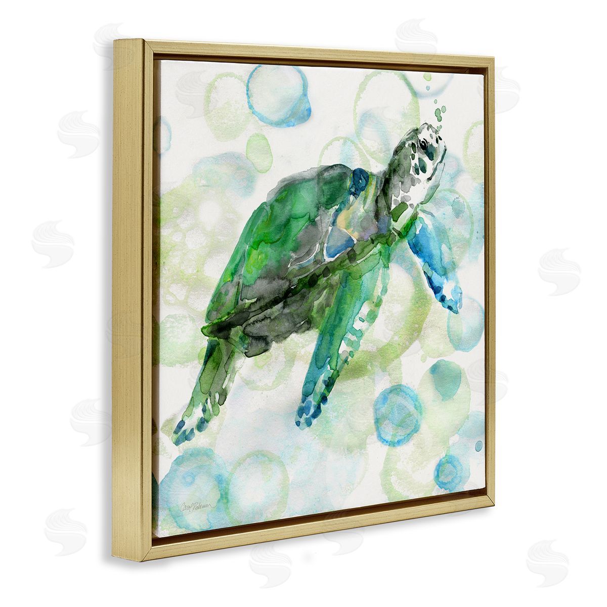 Carol Robinson Aquatic Sea Turtle Water Bubbles Watercolor Detail Gold Floating Frame Canvas Wall Art Print