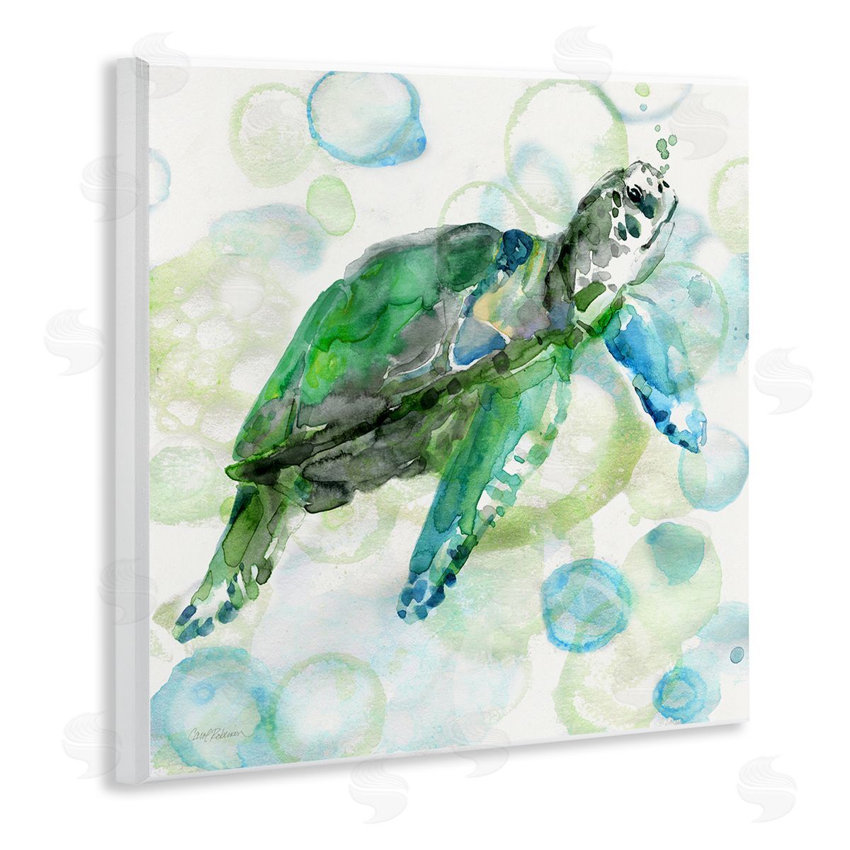 Carol Robinson Aquatic Sea Turtle Water Bubbles Watercolor Detail Wooden Wall Plaque Art Print