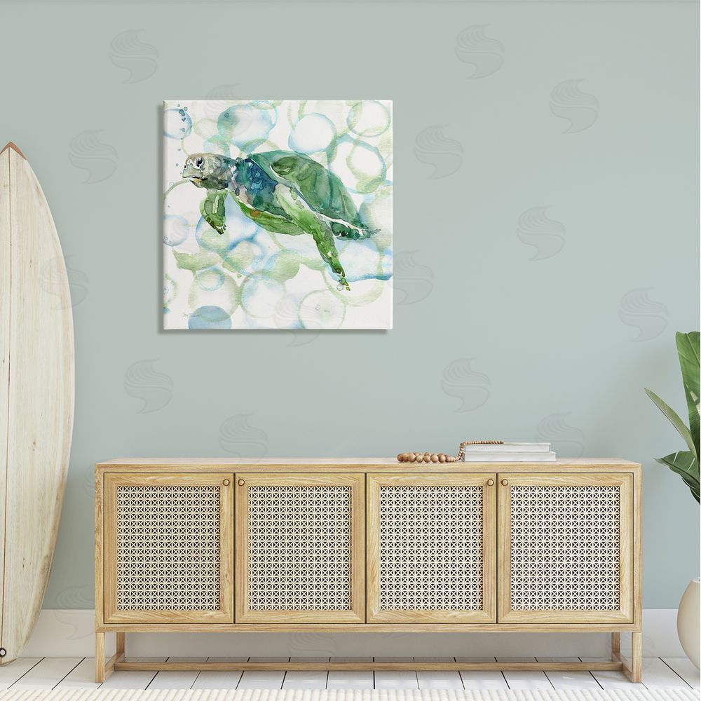 Carol Robinson Watercolor Sea Turtle Swimming Ocean Water Bubbles Canvas Wall Art in Room