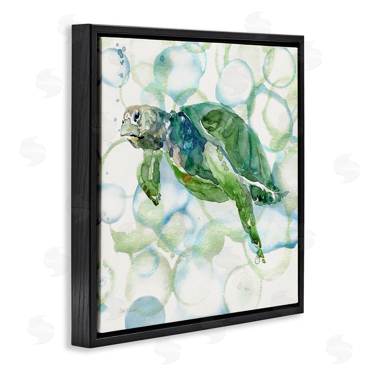 Carol Robinson Watercolor Sea Turtle Swimming Ocean Water Bubbles Black Floating Frame Canvas Wall Art Print