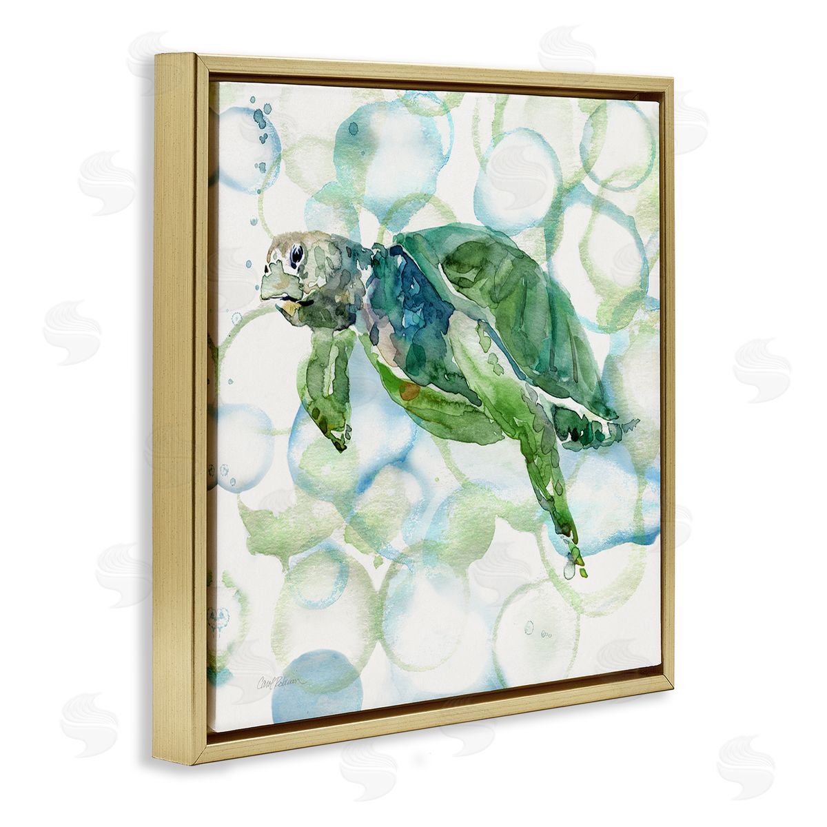 Carol Robinson Watercolor Sea Turtle Swimming Ocean Water Bubbles Gold Floating Frame Canvas Wall Art Print