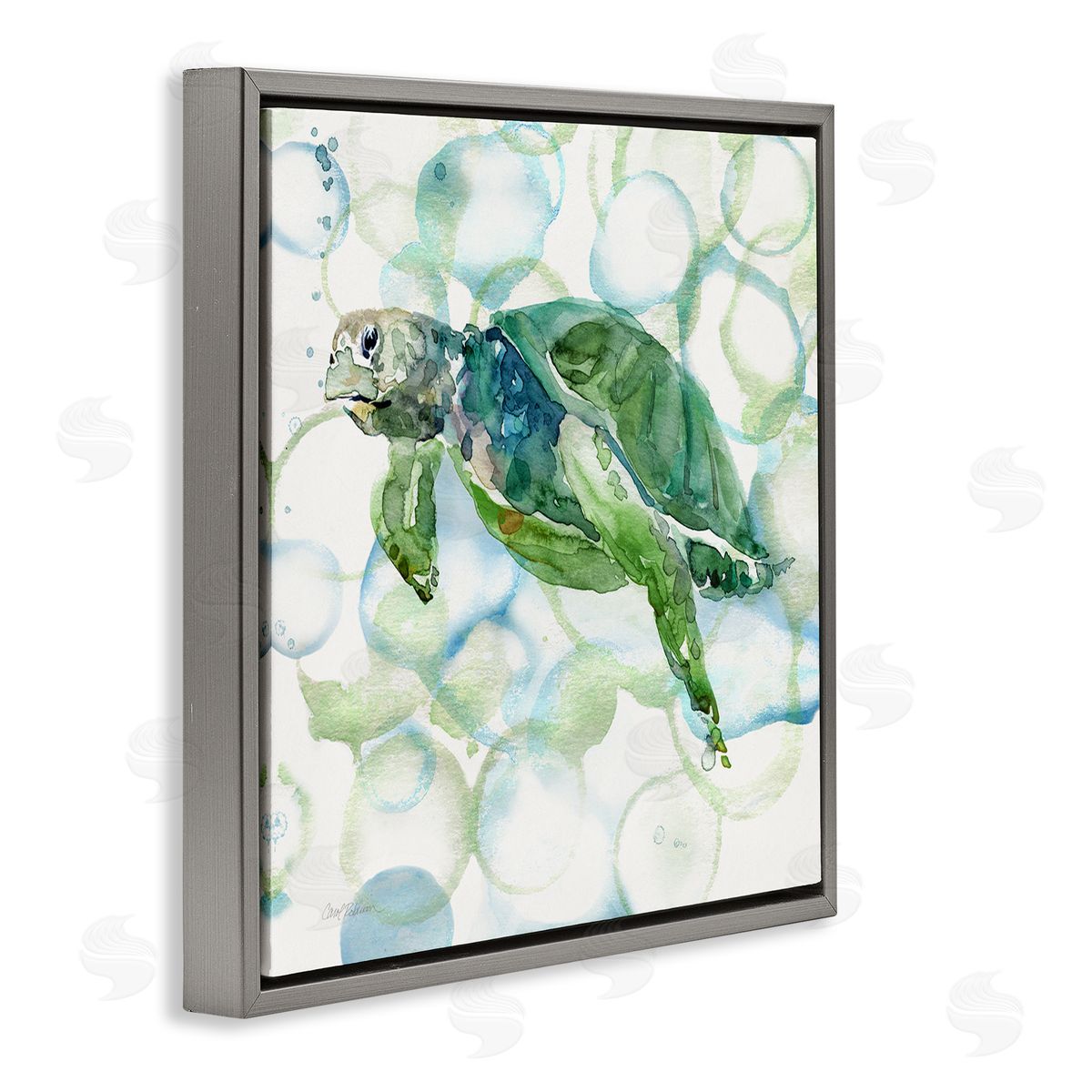 Carol Robinson Watercolor Sea Turtle Swimming Ocean Water Bubbles Gray Floating Frame Canvas Wall Art Print