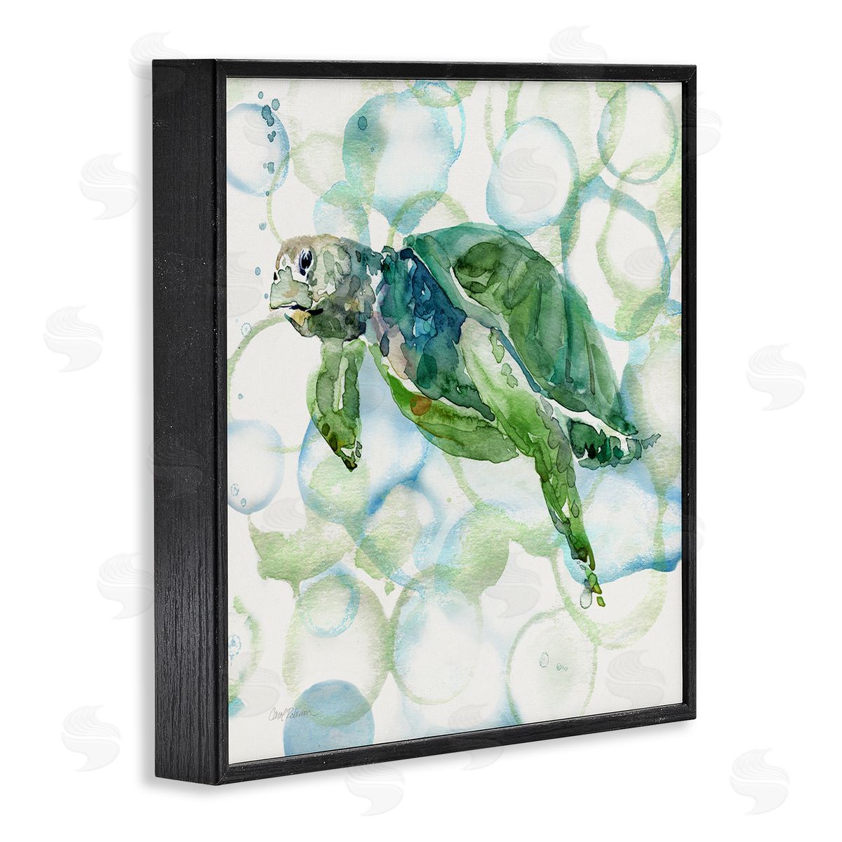 Carol Robinson Watercolor Sea Turtle Swimming Ocean Water Bubbles Black Framed Glicee Wall Art Print