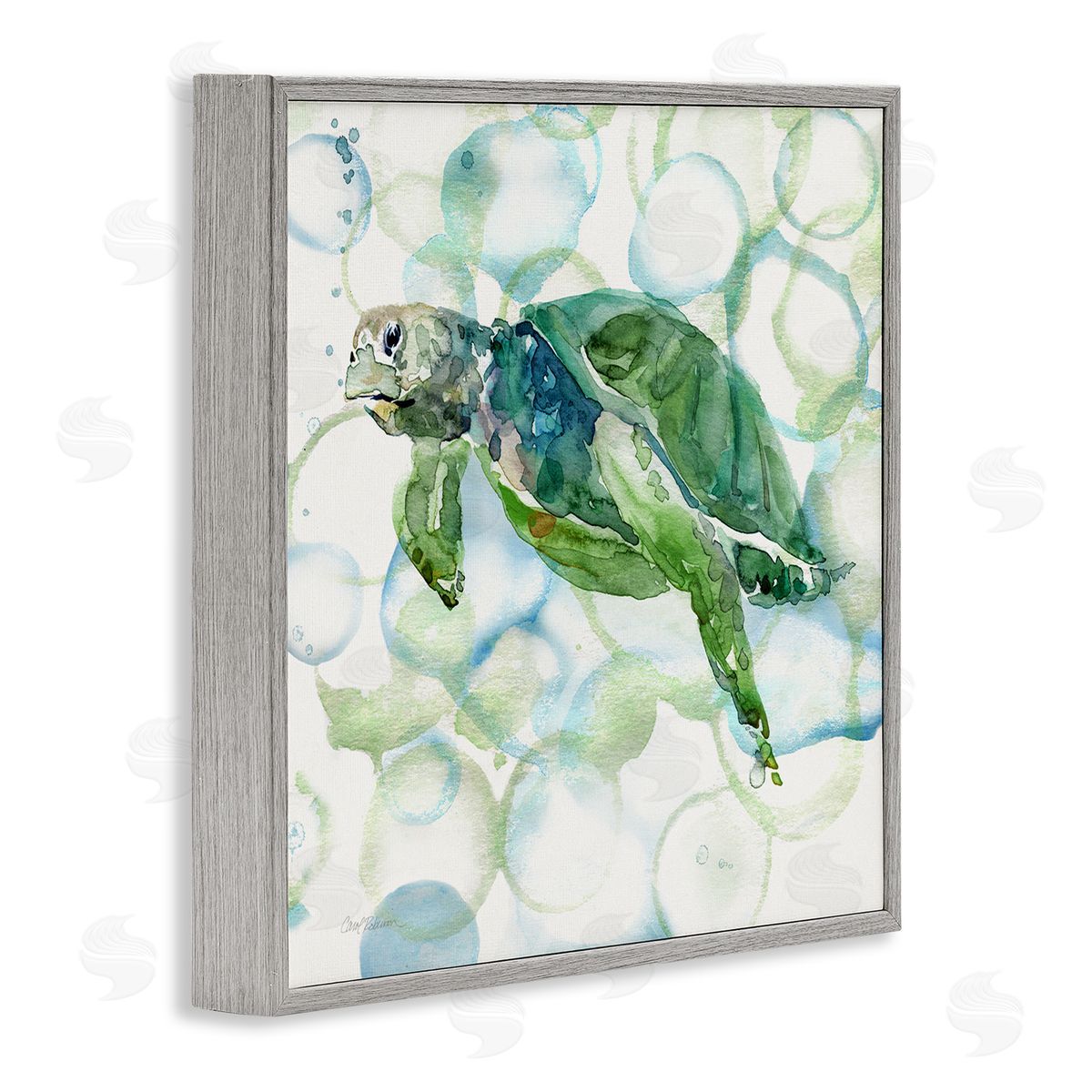 Carol Robinson Watercolor Sea Turtle Swimming Ocean Water Bubbles Gray Framed Glicee Wall Art Print