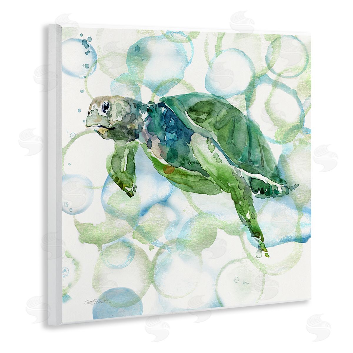 Carol Robinson Watercolor Sea Turtle Swimming Ocean Water Bubbles Wooden Wall Plaque Art Print