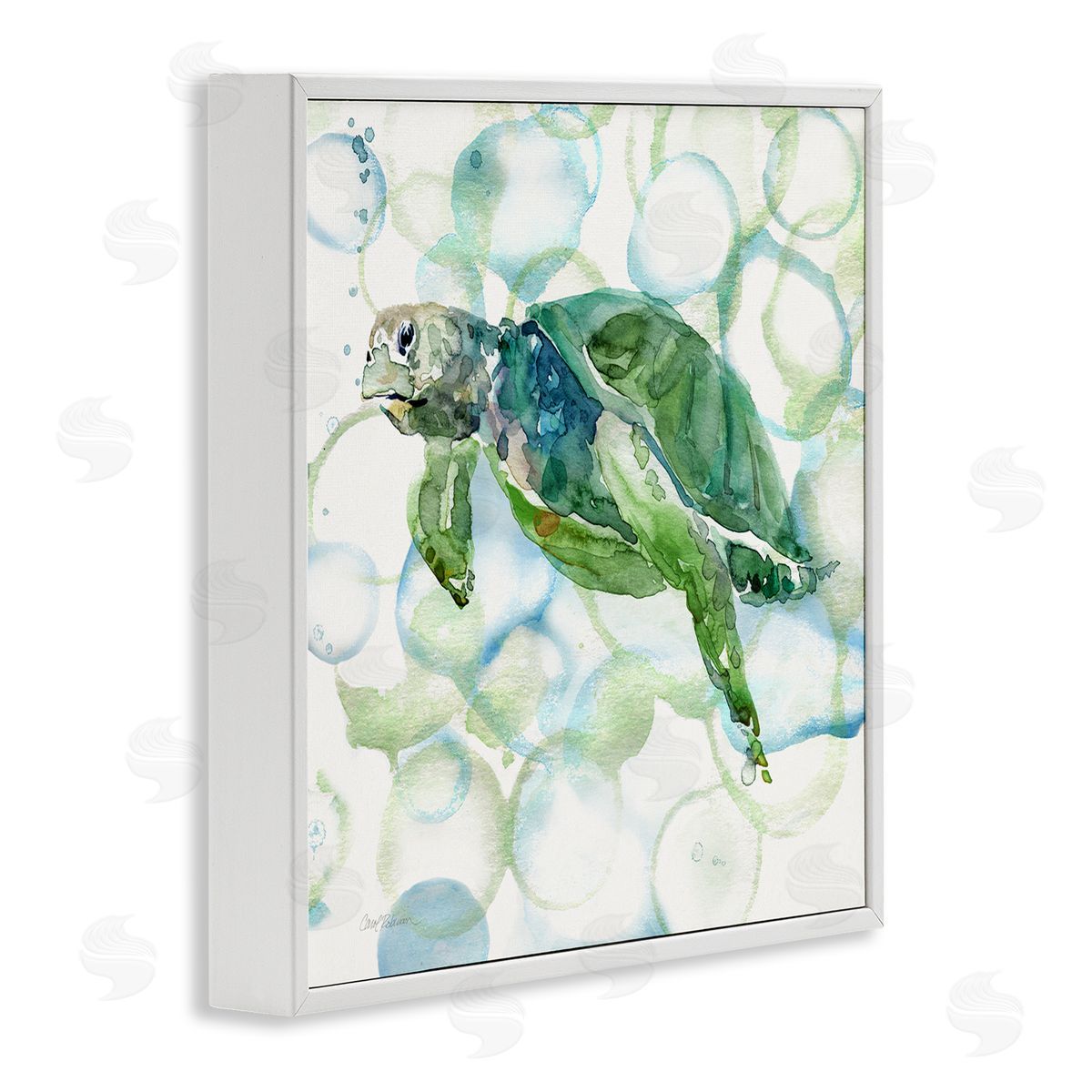 Carol Robinson Watercolor Sea Turtle Swimming Ocean Water Bubbles White Framed Glicee Wall Art Print