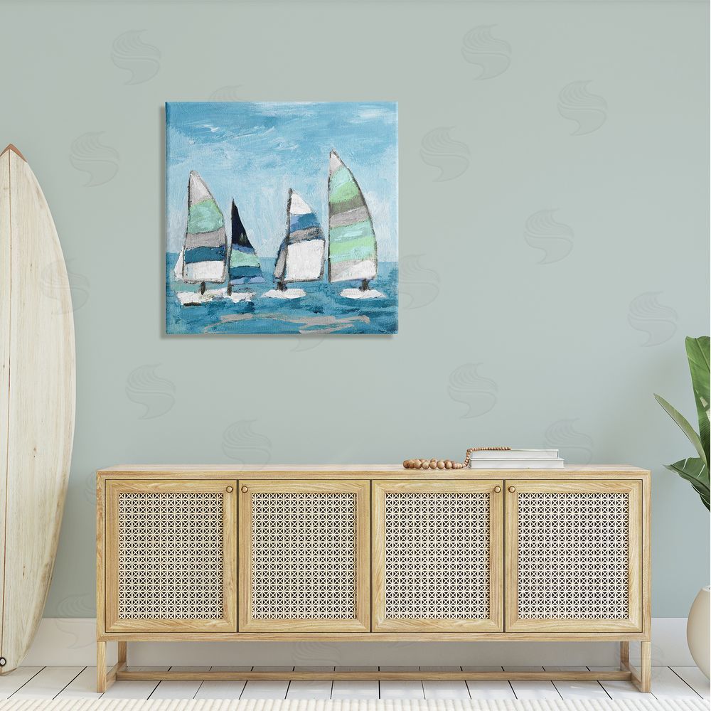 Katrina Craven Floating Striped Sailboats Clear Blue Sky Painting Canvas Wall Art in Room