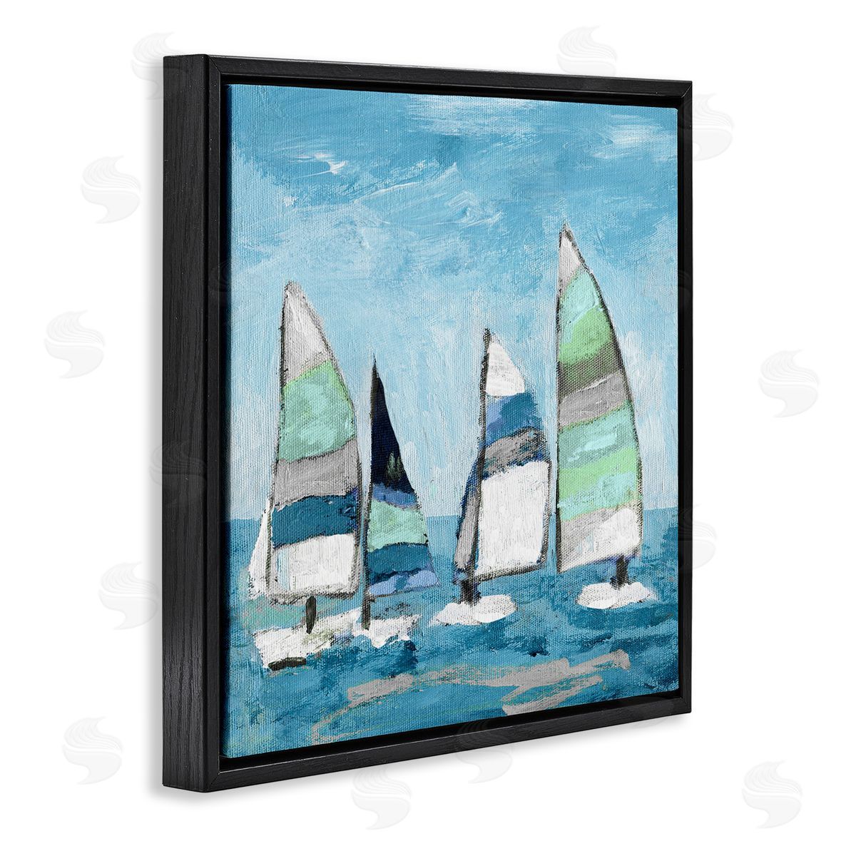 Katrina Craven Floating Striped Sailboats Clear Blue Sky Painting Black Floating Frame Canvas Wall Art Print