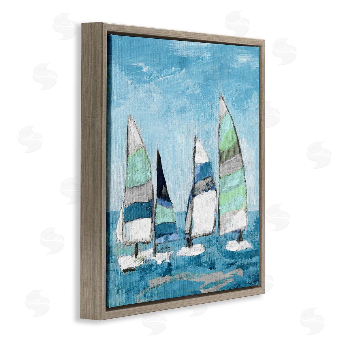 Katrina Craven Floating Striped Sailboats Clear Blue Sky Painting Brown Floating Frame Canvas Wall Art Print