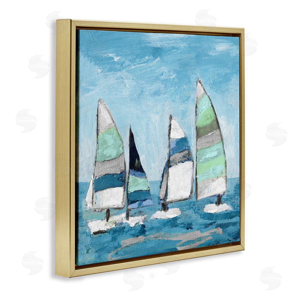 Katrina Craven Floating Striped Sailboats Clear Blue Sky Painting Gold Floating Frame Canvas Wall Art Print