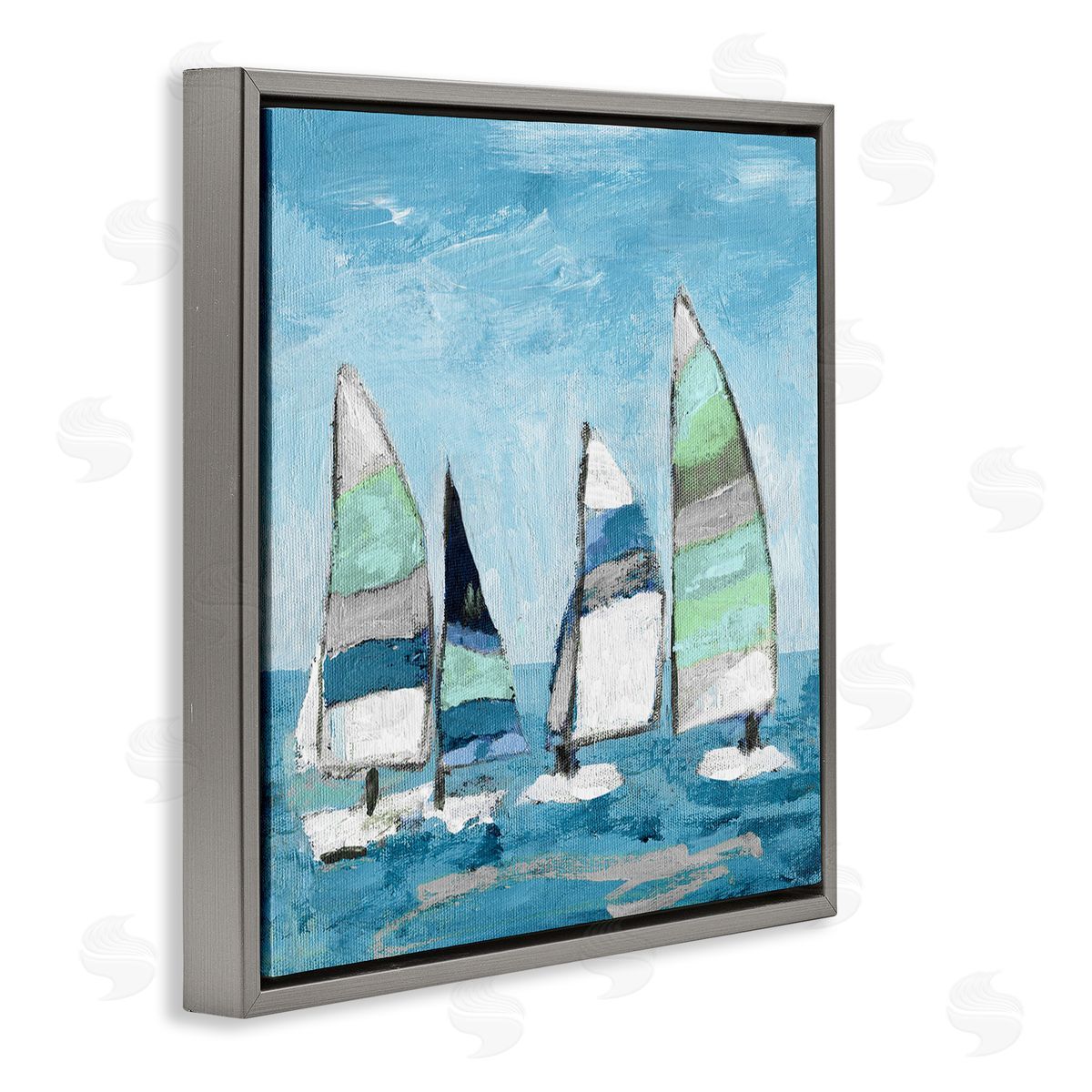 Katrina Craven Floating Striped Sailboats Clear Blue Sky Painting Gray Floating Frame Canvas Wall Art Print