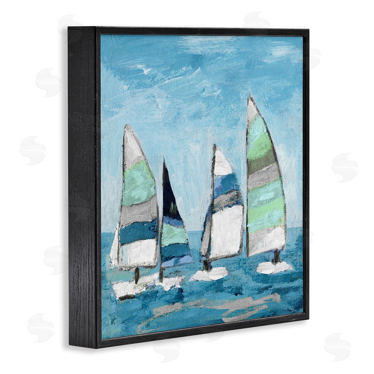 Katrina Craven Floating Striped Sailboats Clear Blue Sky Painting Black Framed Glicee Wall Art Print