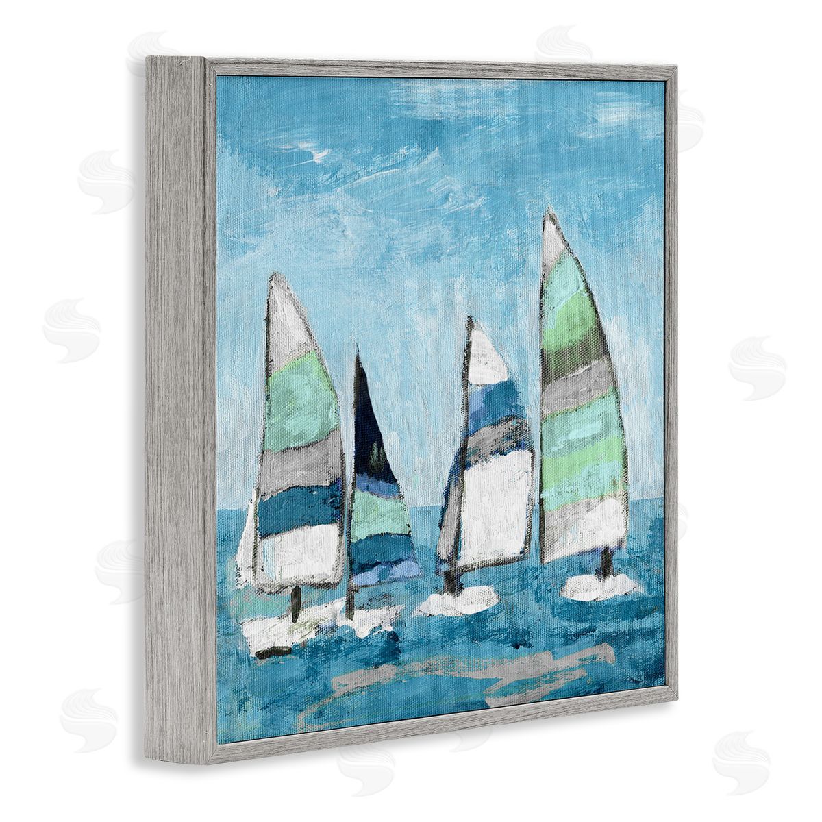 Katrina Craven Floating Striped Sailboats Clear Blue Sky Painting Gray Framed Glicee Wall Art Print