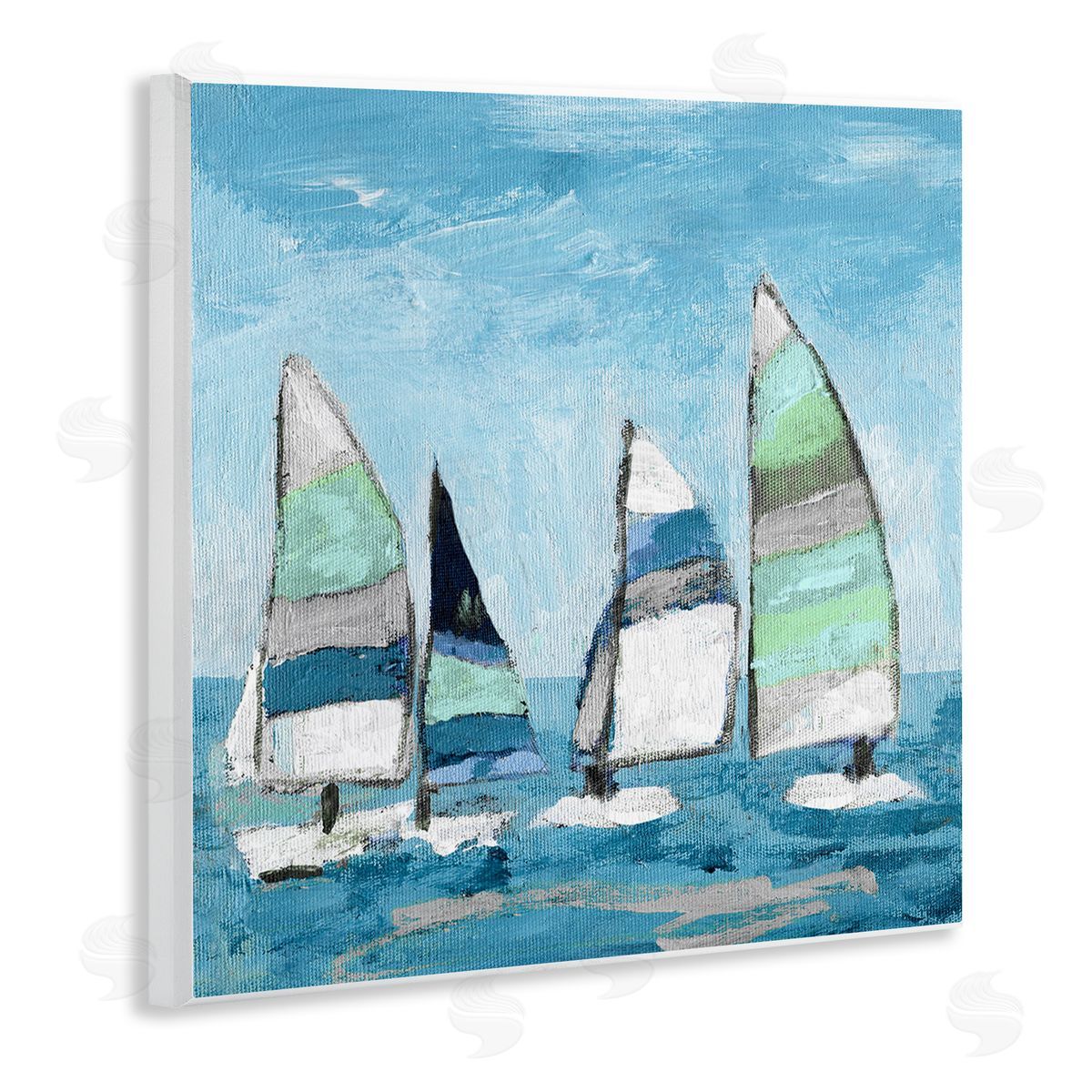 Katrina Craven Floating Striped Sailboats Clear Blue Sky Painting Wooden Wall Plaque Art Print