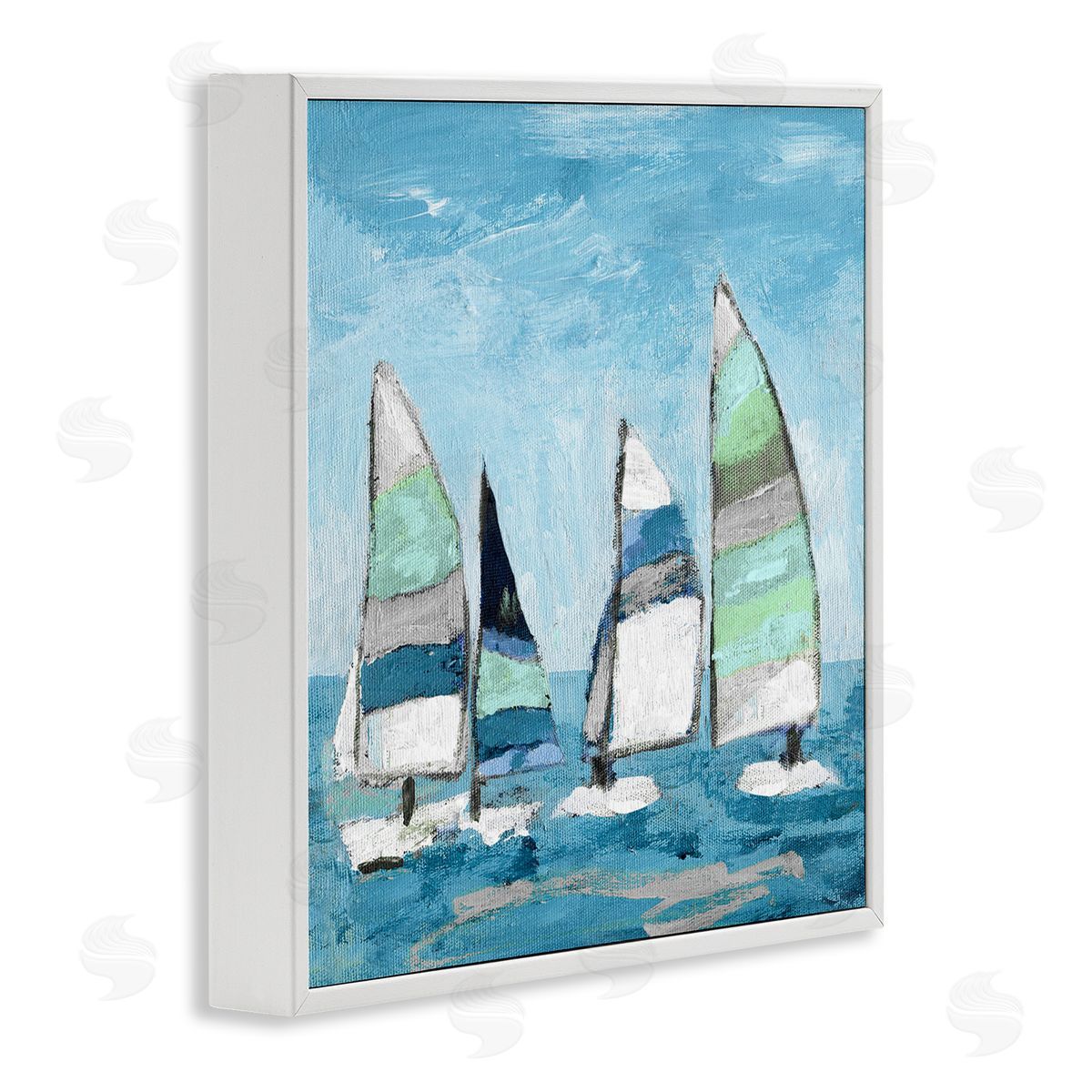 Katrina Craven Floating Striped Sailboats Clear Blue Sky Painting White Framed Glicee Wall Art Print