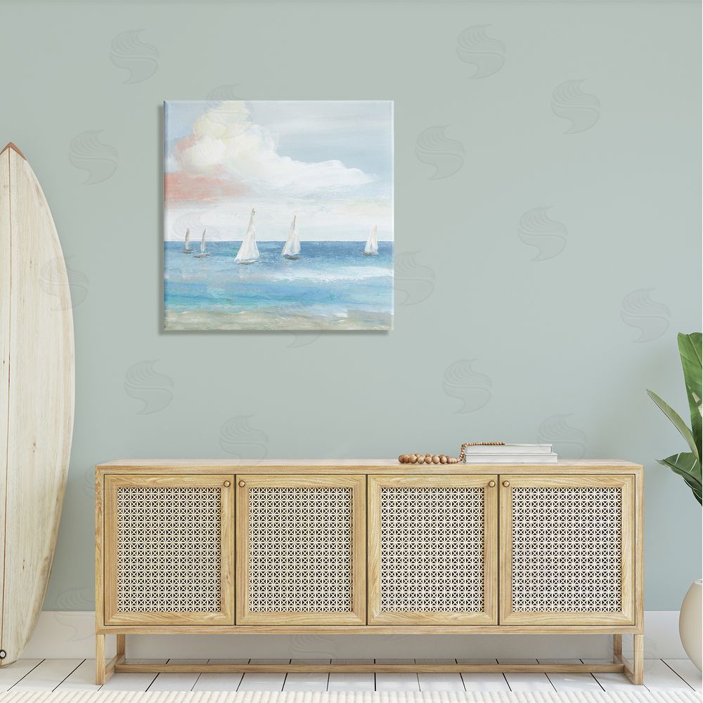 Nan Quiet Sailboats Ocean Water Waves Puffy Clouds Canvas Wall Art in Room