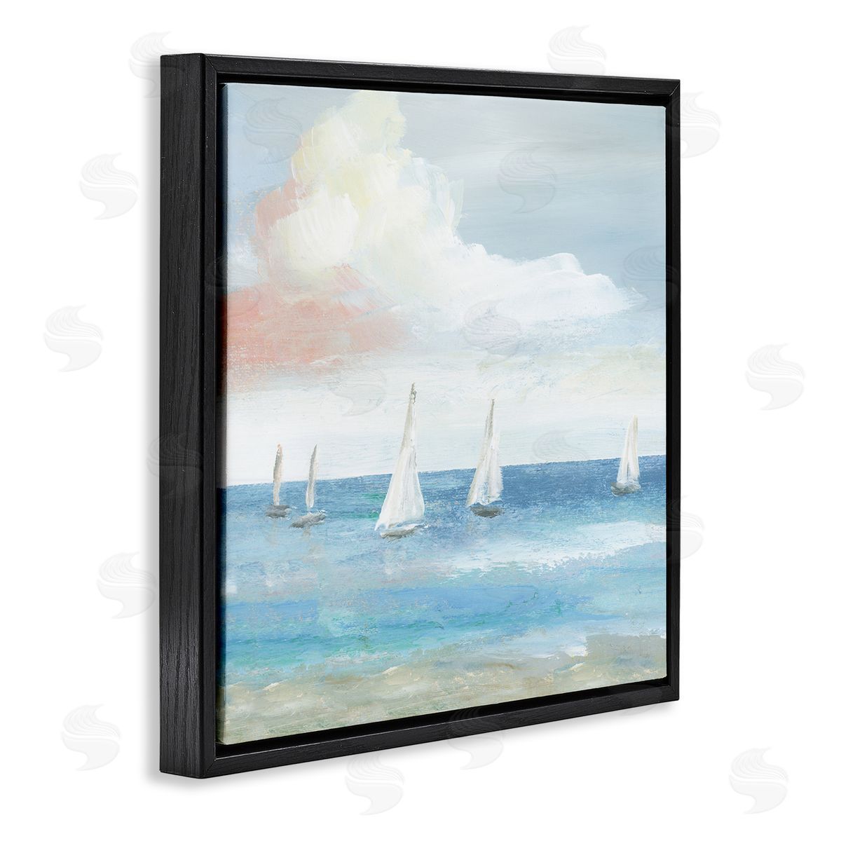 Nan Quiet Sailboats Ocean Water Waves Puffy Clouds Black Floating Frame Canvas Wall Art Print