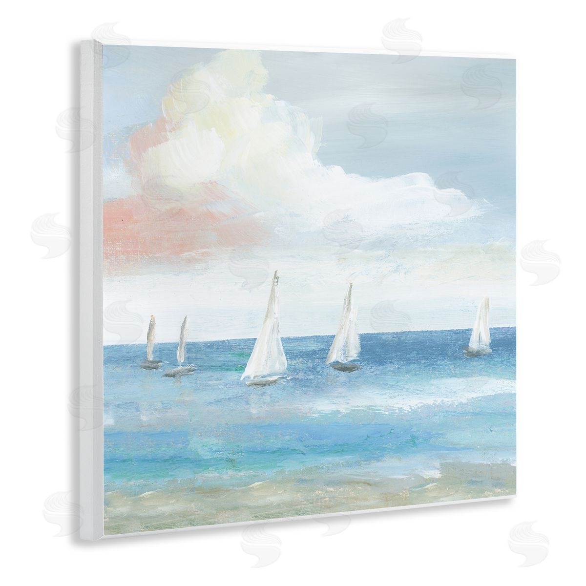 Nan Quiet Sailboats Ocean Water Waves Puffy Clouds Wooden Wall Plaque Art Print