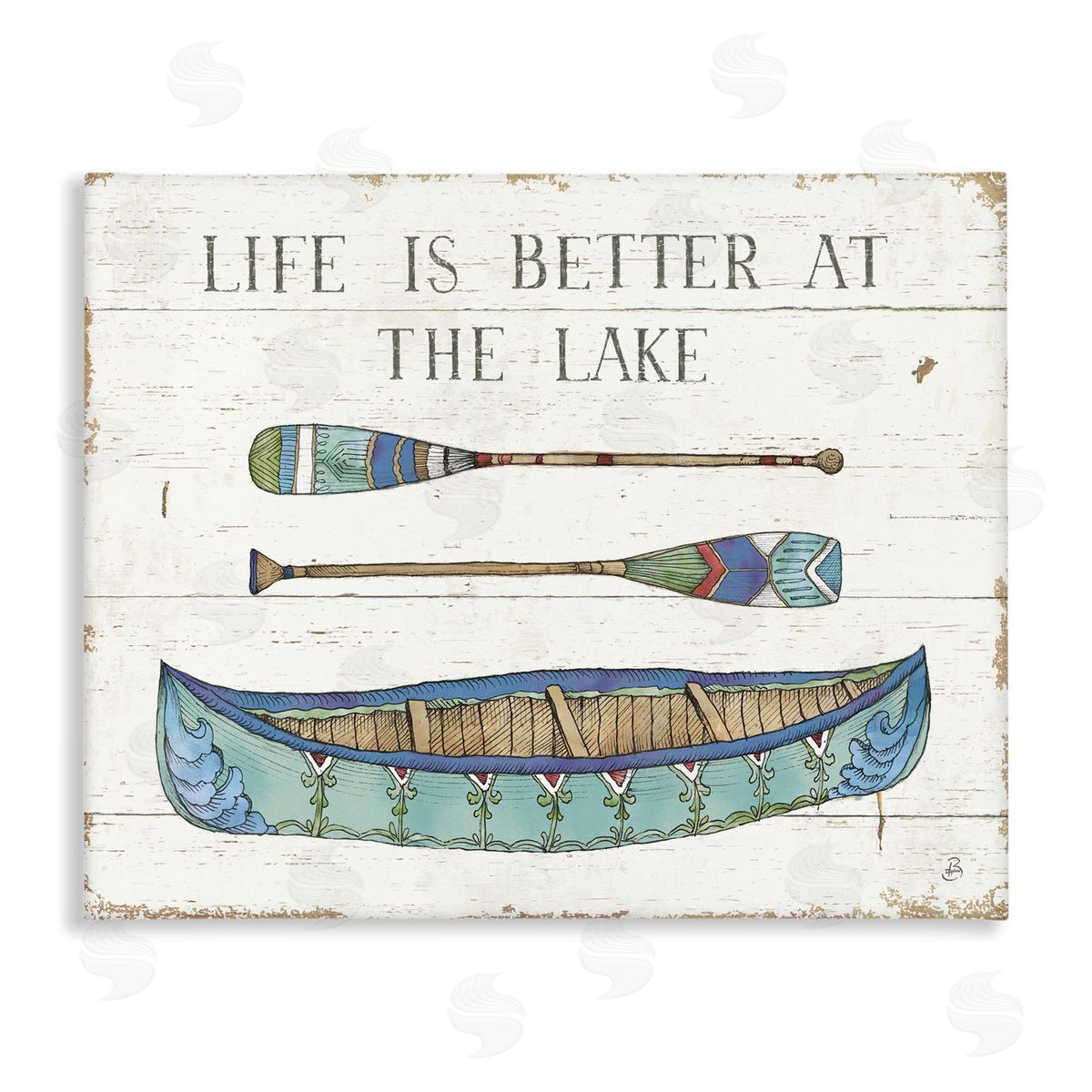Daphne Brissonnet Life Better At Lake Rustic Canoe Ores Grain Pattern Stretched Canvas Wall Art Print