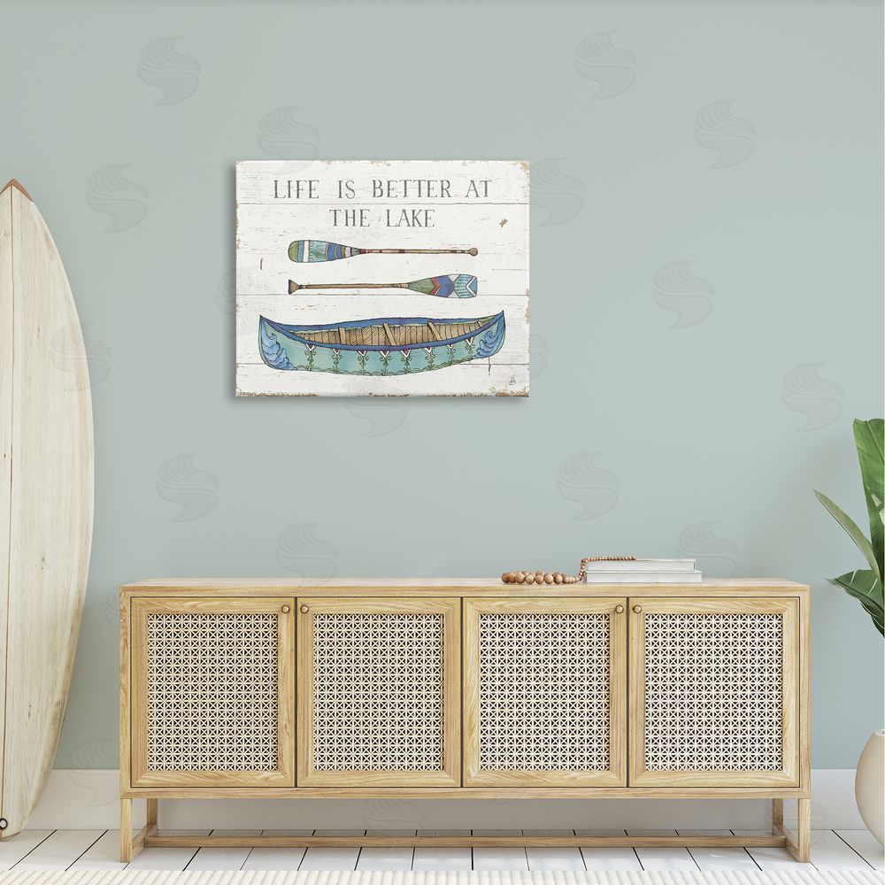 Daphne Brissonnet Life Better At Lake Rustic Canoe Ores Grain Pattern Canvas Wall Art Print in Room