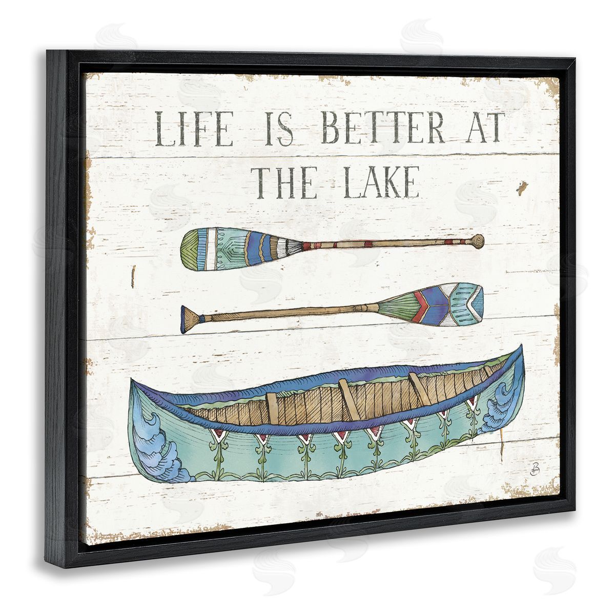 Daphne Brissonnet Life Better At Lake Rustic Canoe Ores Grain Pattern Black Floating Frame Canvas Wall Art Print