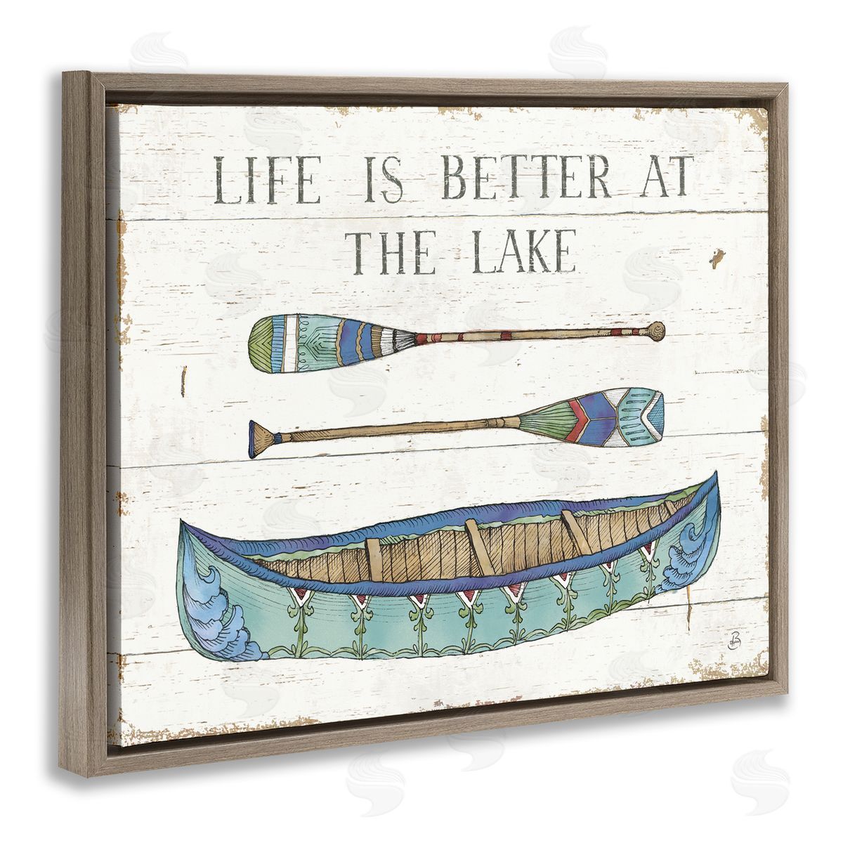 Daphne Brissonnet Life Better At Lake Rustic Canoe Ores Grain Pattern Brown Floating Frame Canvas Wall Art Print