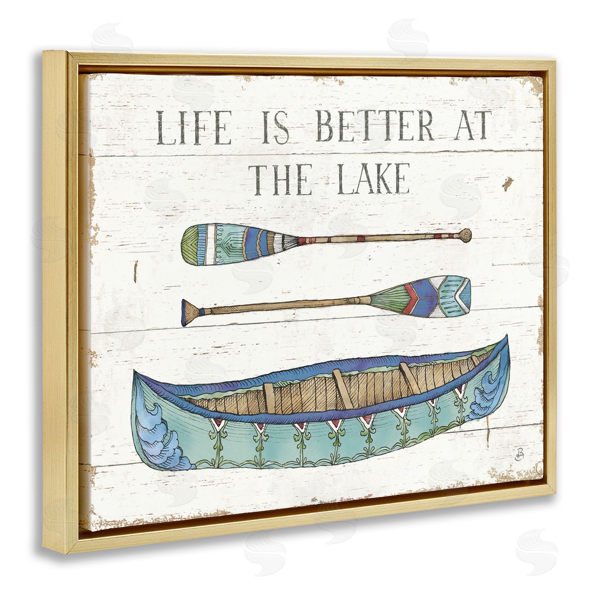 Daphne Brissonnet Life Better At Lake Rustic Canoe Ores Grain Pattern Gold Floating Frame Canvas Wall Art Print
