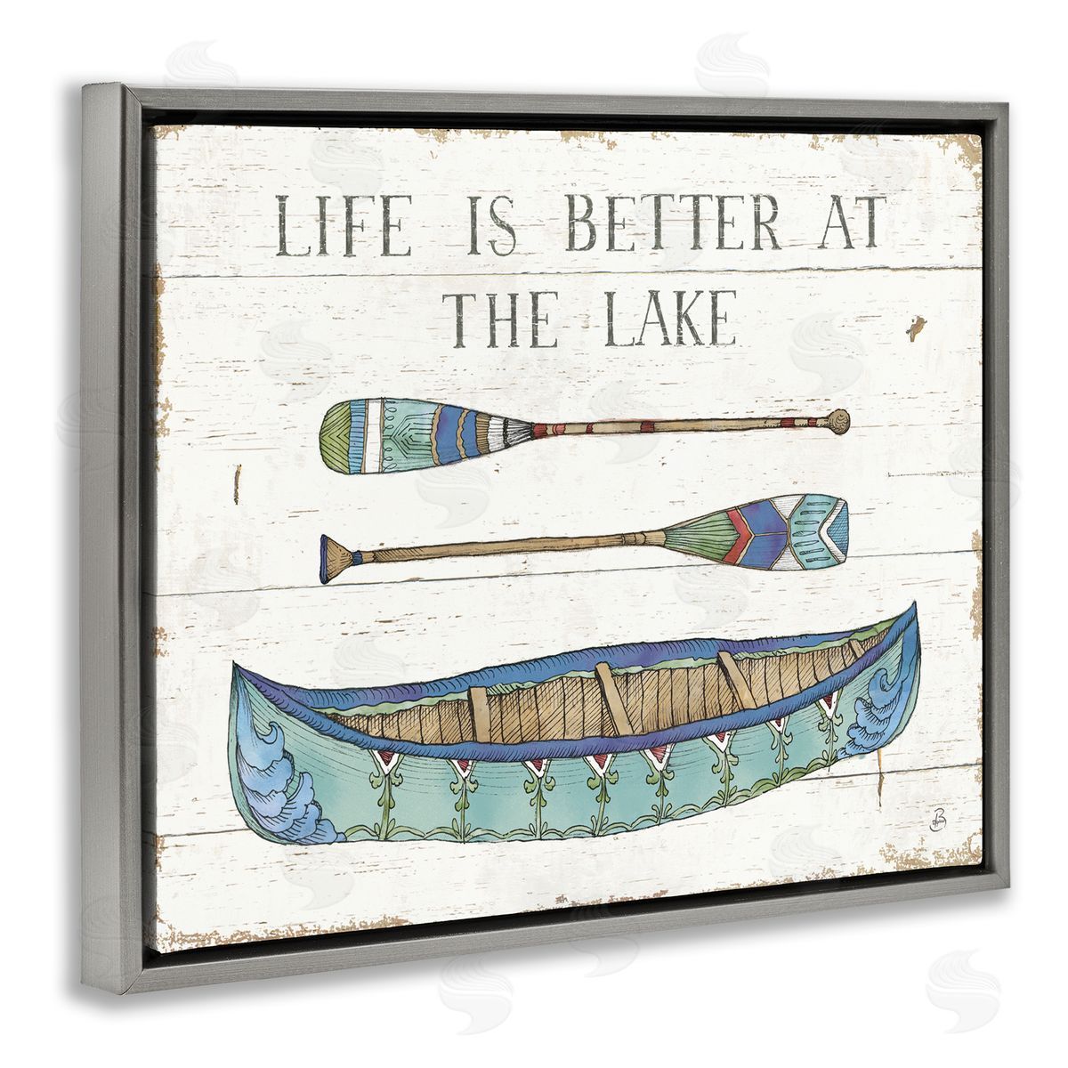 Daphne Brissonnet Life Better At Lake Rustic Canoe Ores Grain Pattern Gray Floating Frame Canvas Wall Art Print