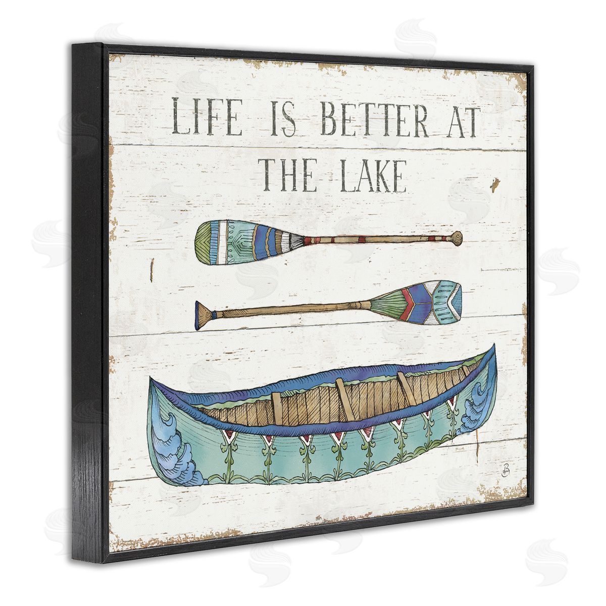 Daphne Brissonnet Life Better At Lake Rustic Canoe Ores Grain Pattern Black Framed Giclee Wall Art Print