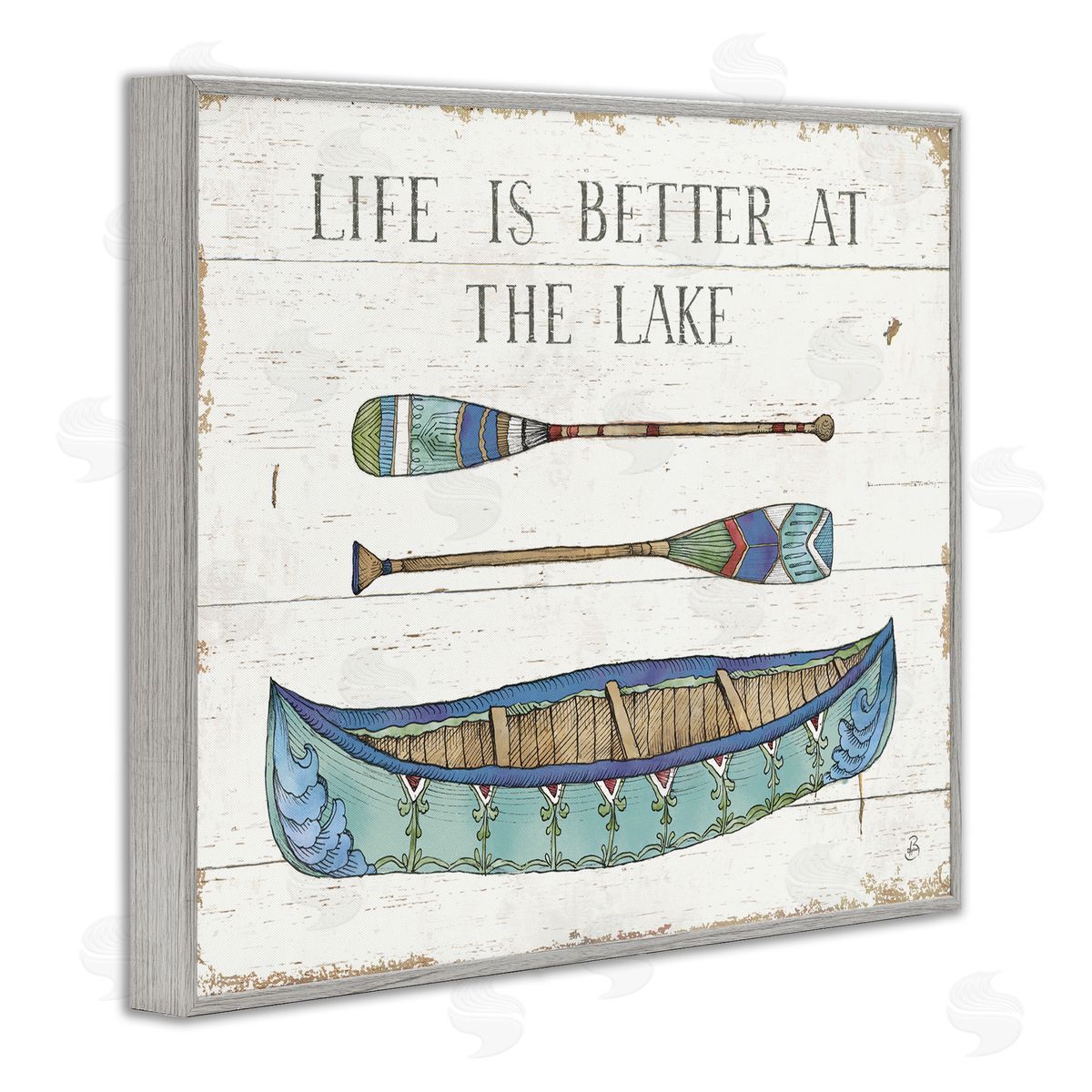 Daphne Brissonnet Life Better At Lake Rustic Canoe Ores Grain Pattern Gray Framed Giclee Wall Art Print