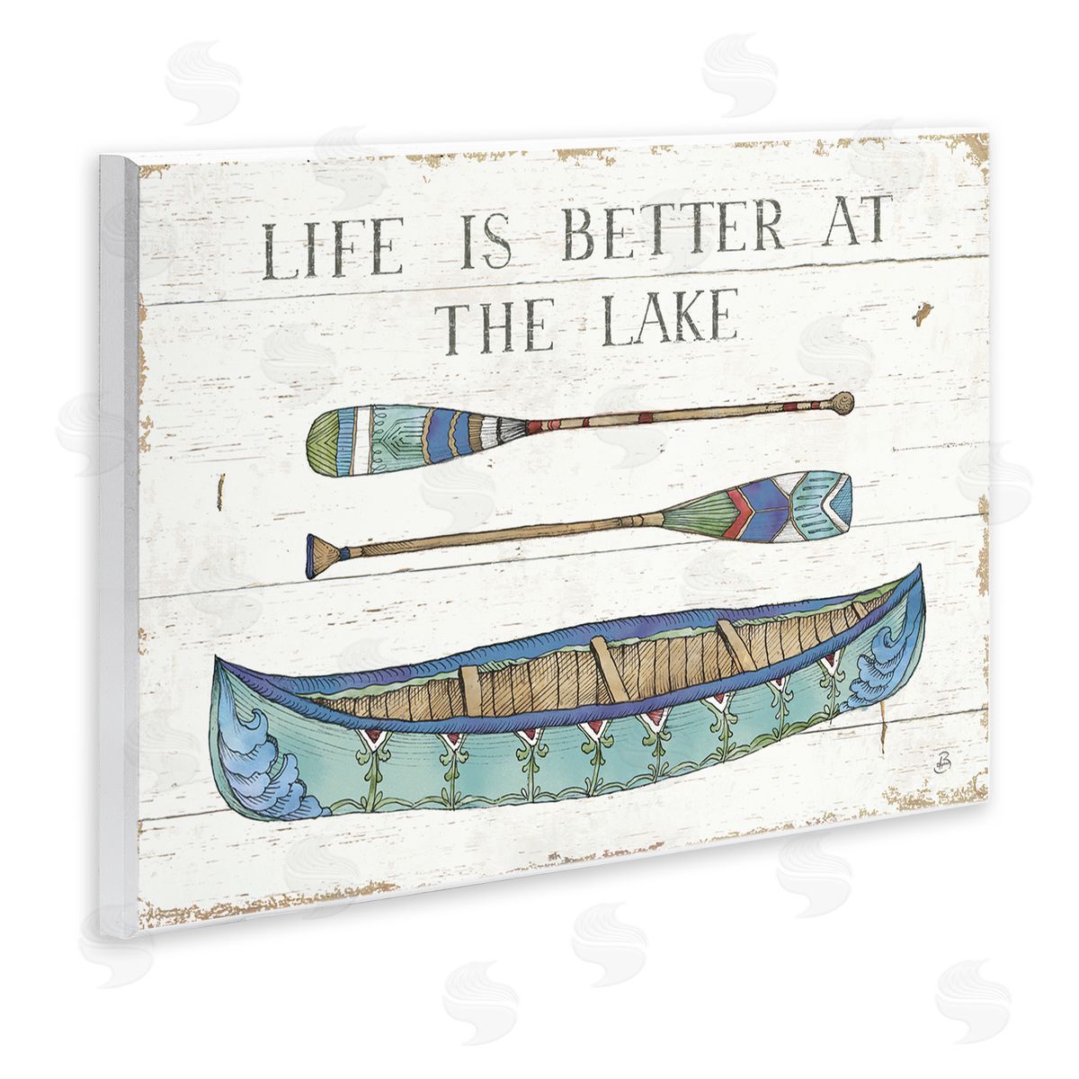 Daphne Brissonnet Life Better At Lake Rustic Canoe Ores Grain Pattern Wall Plaque Art Print