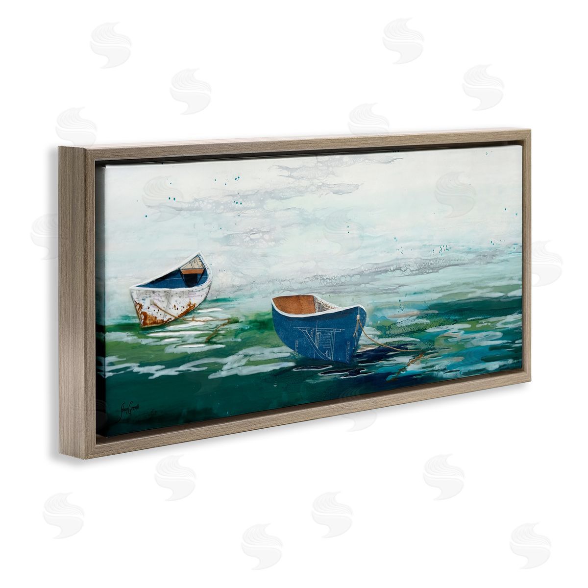 Stacy Gresell Panoramic Ocean Waves Two Drifting Rowboats Scene