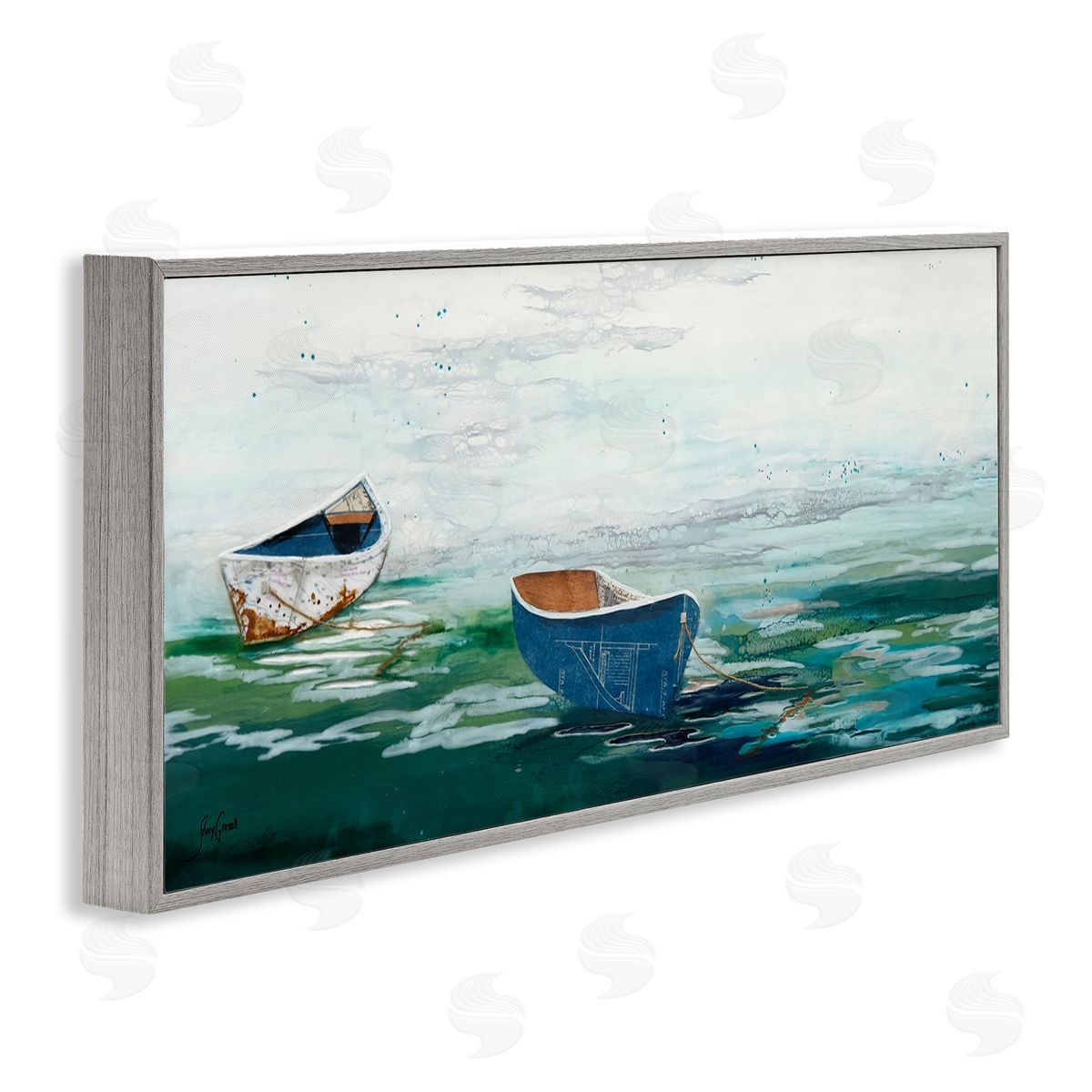 Stacy Gresell Panoramic Ocean Waves Two Drifting Rowboats Scene