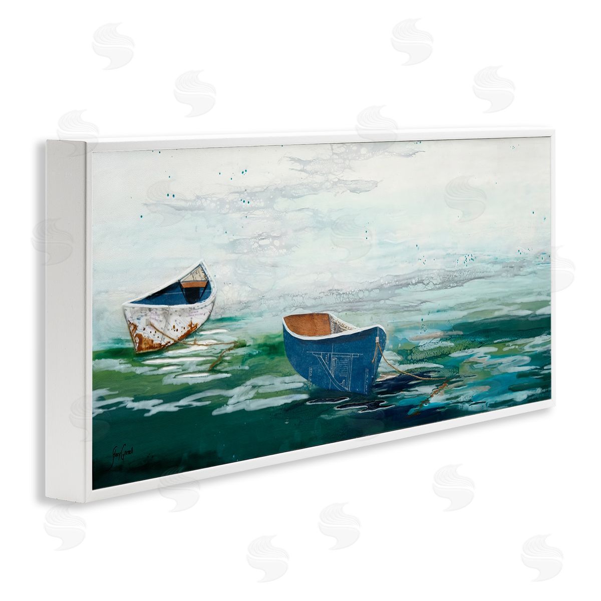Stacy Gresell Panoramic Ocean Waves Two Drifting Rowboats Scene