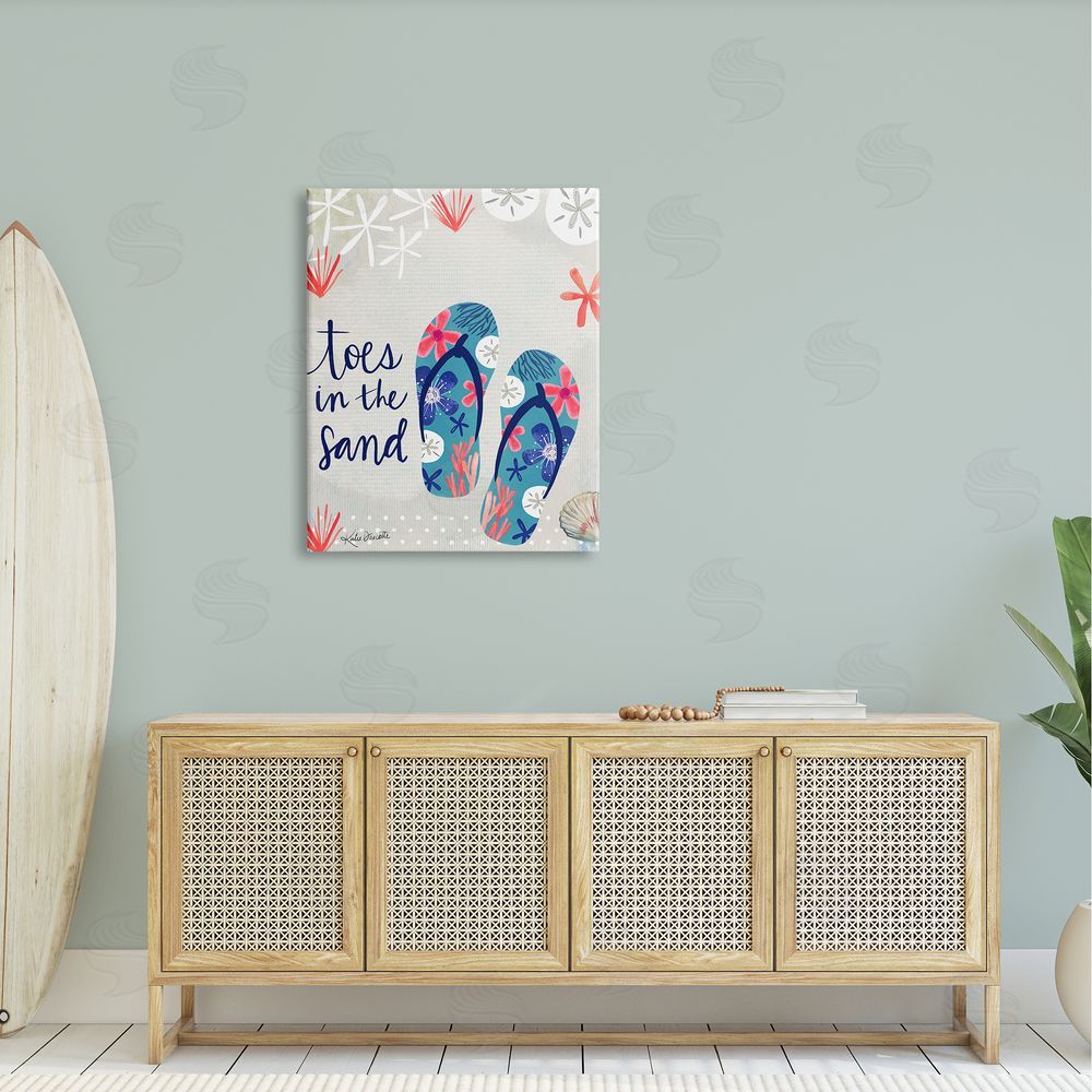 Katie Doucette Toes In Sand Varied Beach Botanical Patterned Flip-Flops Canvas Wall Art Print in Room